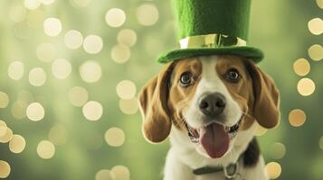 AI generated Luna dog wearing a st patrick hat in a green bokeh background photo