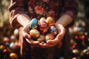 AI generated child girl hand hold colorful easter egg in garden with sunlight, generative Al. photo