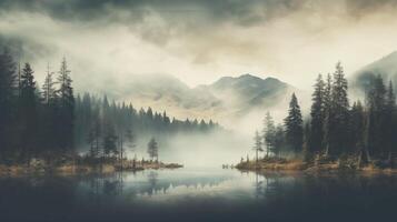 AI generated Misty mountain landscape the forest with lake morning, generative AI. photo