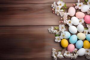 AI generated top view easter egg with cherry blossom on wooden background, copy space, generative Al. photo