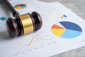 Court hammer on chart or graph paper. Financial, account, statistics law and business data concept. photo
