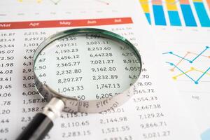 Magnifying glass on spreadsheet and graph paper. Financial development, Banking Account, Statistic, Investment Analytic research data economy, Business. photo