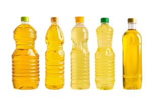 Vegetable oil in different bottle for cooking isolated on white background. photo