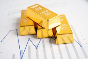 Gold bar on graph, economy finance exchange trade investment concept. photo