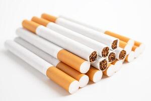 Cigarette, tobacco in roll paper with filter tube, No smoking concept. photo