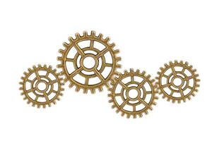 Gear and cogs wheels isolated on a white background, clock mechanism, brass metal engine industrial. photo