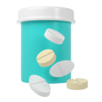 3d pill bottle medical icon with pills pharmacy render. Turquoise plastic supplement jar. Protein vitamin capsule packaging, large powder blank remedy cylinder pharmaceutical drugs health png