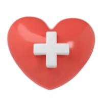 3d röd hjärta med medicinsk korsa symbol ikon hjälpa donation, medicinsk och sjukvård laboratorium begrepp. tecknad serie minimal stil framställa illustration png