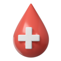 3d rosso sangue far cadere con medico attraversare simbolo icona aiuto donazione e assistenza sanitaria laboratorio concetto. cartone animato minimo stile rendere illustrazione png