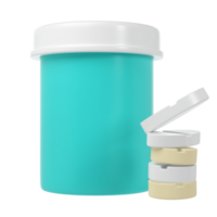 3d pill bottle medical icon with pills pharmacy render. Turquoise plastic supplement jar. Protein vitamin capsule packaging, large powder blank remedy cylinder pharmaceutical drugs health png