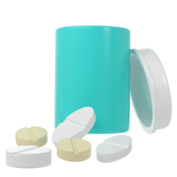 3d pill bottle medical icon pharmacy render. Turquoise plastic supplement jar. Protein vitamin capsule packaging, large powder remedy cylinder pharmaceutical drugs health png