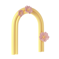 3d rendering of plaster yellow molds arch with pink flower. Minimalistic spring display. Stylish aesthetic transparent showcase, mock up for the exhibitions, presentation of products and goods png