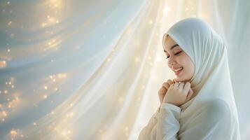 AI generated Beautiful hijab wearing woman in a festive Ramadan themed photoshoot, showcasing elegant Islamic attire and joyous poses in a warm and inviting studio setup photo