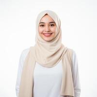 AI generated Radiant Asian Muslim woman in a cream sweater, expressing a joyful Eid Mubarak greeting gesture, isolated on a clean white background, capturing the essence of a religious lifestyle photo