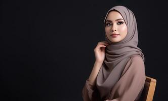 ai generado hermosa hijab vistiendo mujer en un festivo Ramadán temática Sesión de fotos, exhibiendo elegante islámico atuendo y jubiloso poses en un calentar y atractivo estudio preparar foto