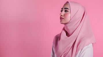 AI generated Beautiful hijab-wearing woman in a portrait showcasing a blank pink color photo studio concept with elegance