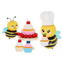 Happy Mother's day , Mom and baby bee decorating cupcakes on transparent background, 3D Rendering png