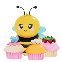 Happy Mother's day , baby bee with mini cupcakes on transparent background, 3D Rendering png