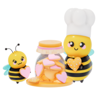 content de la mère journée , bébé et maman abeille avec en forme de coeur biscuit pot sur transparent arrière-plan, 3d le rendu png