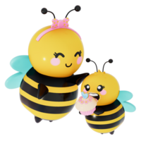 feliz mãe dia , mãe e bebê abelha com mini Bolinho em transparente fundo, 3d Renderização png