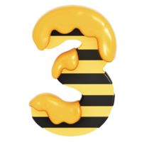 Honey Bee Numbers 3 on transparent background , 3D Rendering png