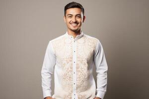 AI generated Youthful Muslim man standing on a white background, adorned with traditional Balinese motifs in a happycore style, captured with the vibrant energy of Provia film photo