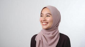 AI generated Radiant smile of a beautiful Asian woman with a hijab, capturing genuine joy and warmth, against a gray background photo