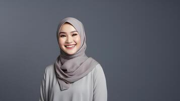 AI generated Radiant smile of a beautiful Asian woman with a hijab, capturing genuine joy and warmth, against a gray background photo