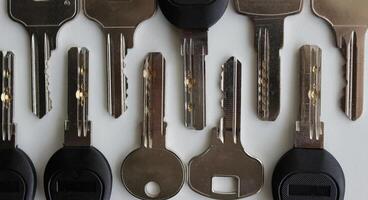 metal llaves con variedad tipos de espada en un filas extremo de cerca foto