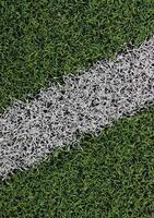 White painted line on the green lawn of the sports field closeup view stock photo