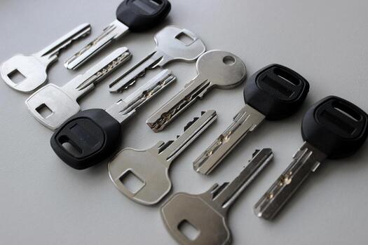Different Steel Lock Keys Laid Out On White Surface Angle View photo