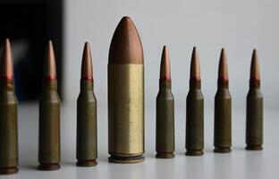 Closeup Stock Photo Of Same Ammunition And Huge Bullets In One Line. Metaphoric Image Symbolizing Diversity