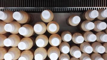 bottles with white caps are lined up in supermarket display cases photo