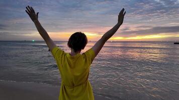 mulher com elevado braços a comemorar liberdade e vida em uma cênico de praia às pôr do sol, incorporando tranquilidade e inspiração, perfeito para viagem e estilo de vida temas video