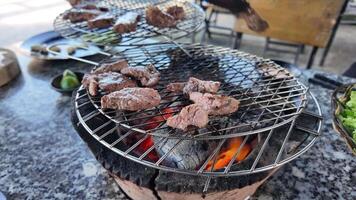 Juicy slices of beef grilling on a circular barbecue over smoldering charcoal, an authentic outdoor culinary experience video