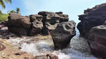 Ruhe tropisch Strand mit Wasser sanft fließend um verwittert Felsen und Palme Bäume im das Hintergrund, heiter natürlich Landschaft video