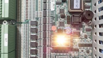 Close-up electronic circuit board. Integrated Circuit  processor  technology  concept. Electrical control board components. photo