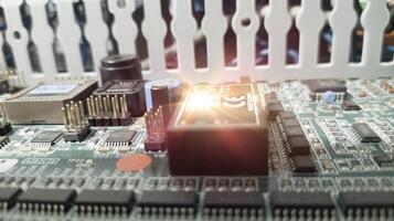 Close-up electronic circuit board. Integrated Circuit  processor  technology  concept. Electrical control board components. photo