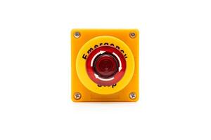 Stop Button isolated on white background with clipping path. emergency stop button. Big Red emergency button or stop button for manual pressing. photo