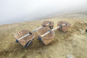An empty basket of miners used for carrying sulphur inside the sulphur mine in Mount Kawah Ijen volcano in East Java of Indonesia. photo