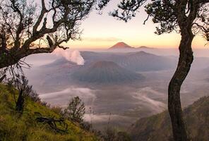 Spectacular view of Mount Bromo at dawn view look through the natural frame. This is an active volcano part of the Tengger massif, in East Java, Indonesia. photo