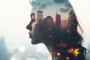 AI generated Double exposure portrait of woman with city skyline photo