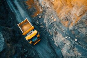 AI generated Yellow dump truck in quarry, aerial view photo