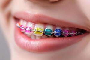 AI generated Close up shot of colored orthodontic braces on girl's teeth photo