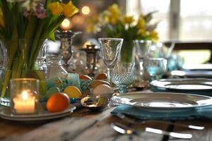 AI generated Table setting for Easter celebration photo