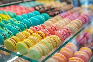 AI generated Colored macarons in cafe showcase for sale, close-up photo