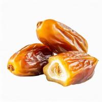 AI generated Close-up view of juicy and glossy, succulent dates, rich in detail and color, glossy texture highlighted, isolated on white background, Ideal for Ramadan and culinary themes photo