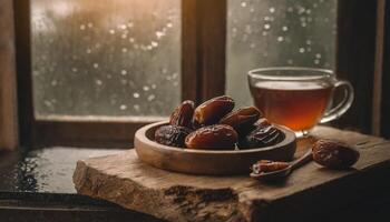 ai generado un sereno ajuste de fechas en un de madera cuenco con taza de té en frente de ventana en lluvioso día, capturar el esencia de Ramadán. ideal para iftar invitaciones o Ramadán saludos foto