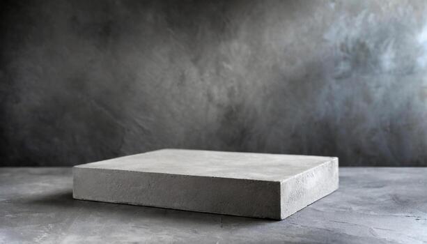 AI generated A stone or concrete pedestal podium dramatically illuminated against a textured, dark rough concrete backdrop with dramatic light. Ideal for product display photo