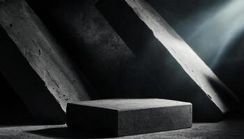 AI generated Dramatic scene of geometric shape of concrete flatform in dramatic lighting, casting intricate shadows. perfect for product display, showcasing luxury items. photo